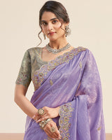 Dusty Lavender Designer Gold Crush Saree With Embroidery-Diamond Work And Cut Work Border