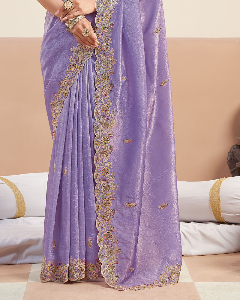 Dusty Lavender Designer Gold Crush Saree With Embroidery-Diamond Work And Cut Work Border