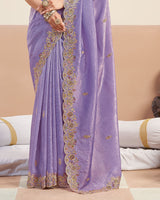Dusty Lavender Designer Gold Crush Saree With Embroidery-Diamond Work And Cut Work Border