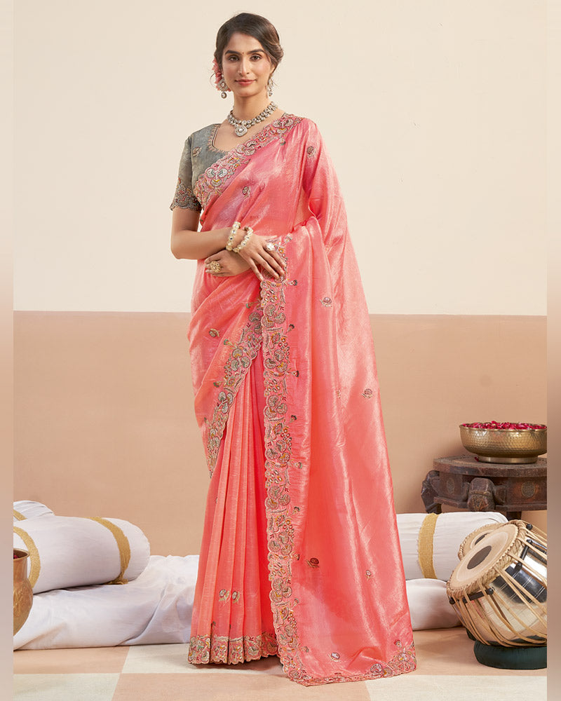 Salmon Pink Designer Gold Crush Saree With Embroidery-Diamond Work And Cut Work Border