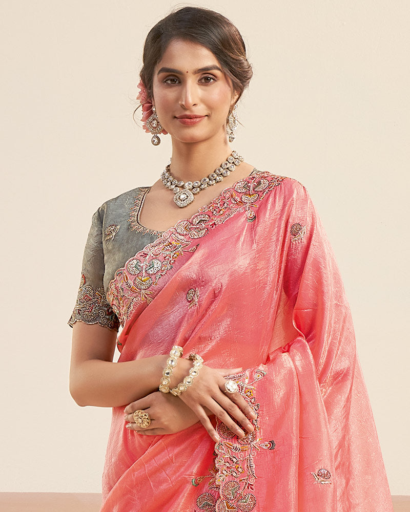 Salmon Pink Designer Gold Crush Saree With Embroidery-Diamond Work And Cut Work Border
