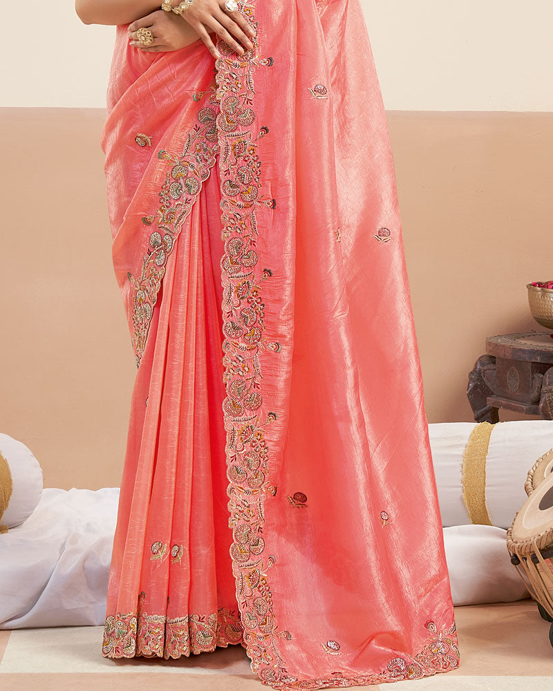 Salmon Pink Designer Gold Crush Saree With Embroidery-Diamond Work And Cut Work Border