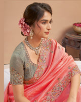 Salmon Pink Designer Gold Crush Saree With Embroidery-Diamond Work And Cut Work Border
