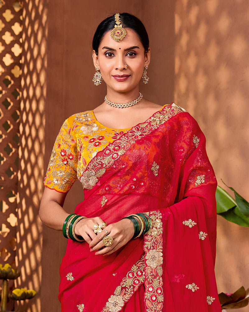 Chili Red Designer Fancy Chiffon Saree With Zari Embroidery-Diamond Work And Cut Work Border