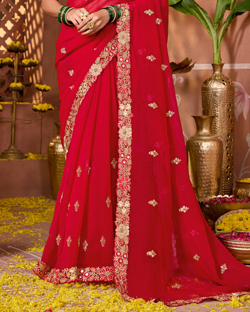 Chili Red Designer Fancy Chiffon Saree With Zari Embroidery-Diamond Work And Cut Work Border