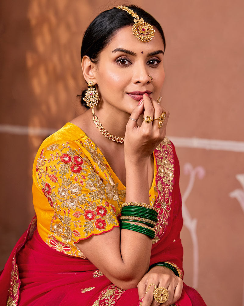 Chili Red Designer Fancy Chiffon Saree With Zari Embroidery-Diamond Work And Cut Work Border
