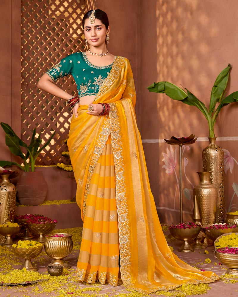 Dark Yellow Orange Designer Fancy Satin Saree With Zari Embroidery-Diamond Work And Cut Work Border