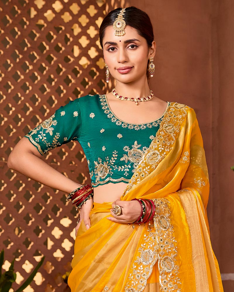Dark Yellow Orange Designer Fancy Satin Saree With Zari Embroidery-Diamond Work And Cut Work Border