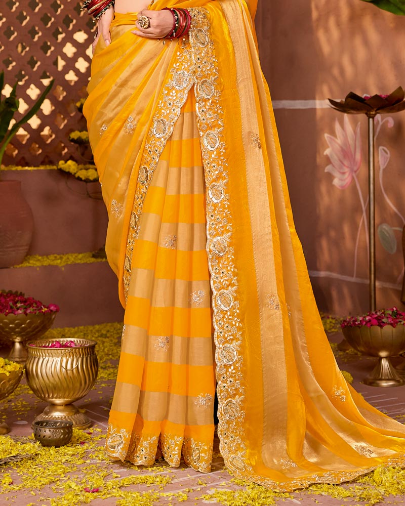Dark Yellow Orange Designer Fancy Satin Saree With Zari Embroidery-Diamond Work And Cut Work Border