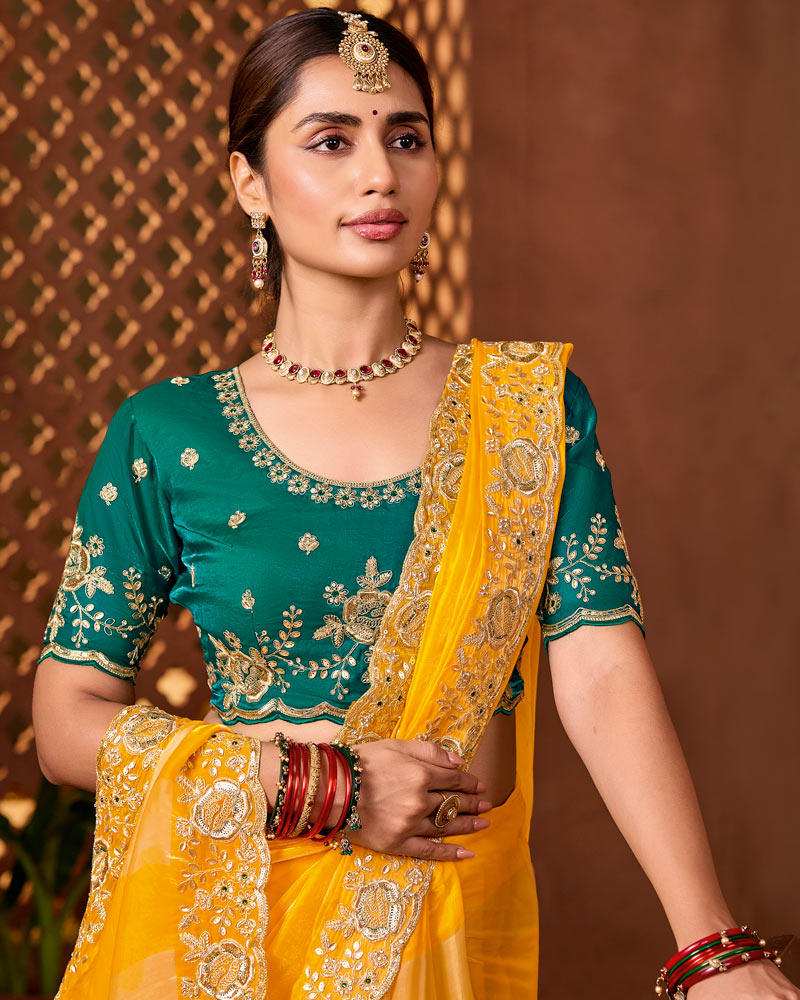 Dark Yellow Orange Designer Fancy Satin Saree With Zari Embroidery-Diamond Work And Cut Work Border