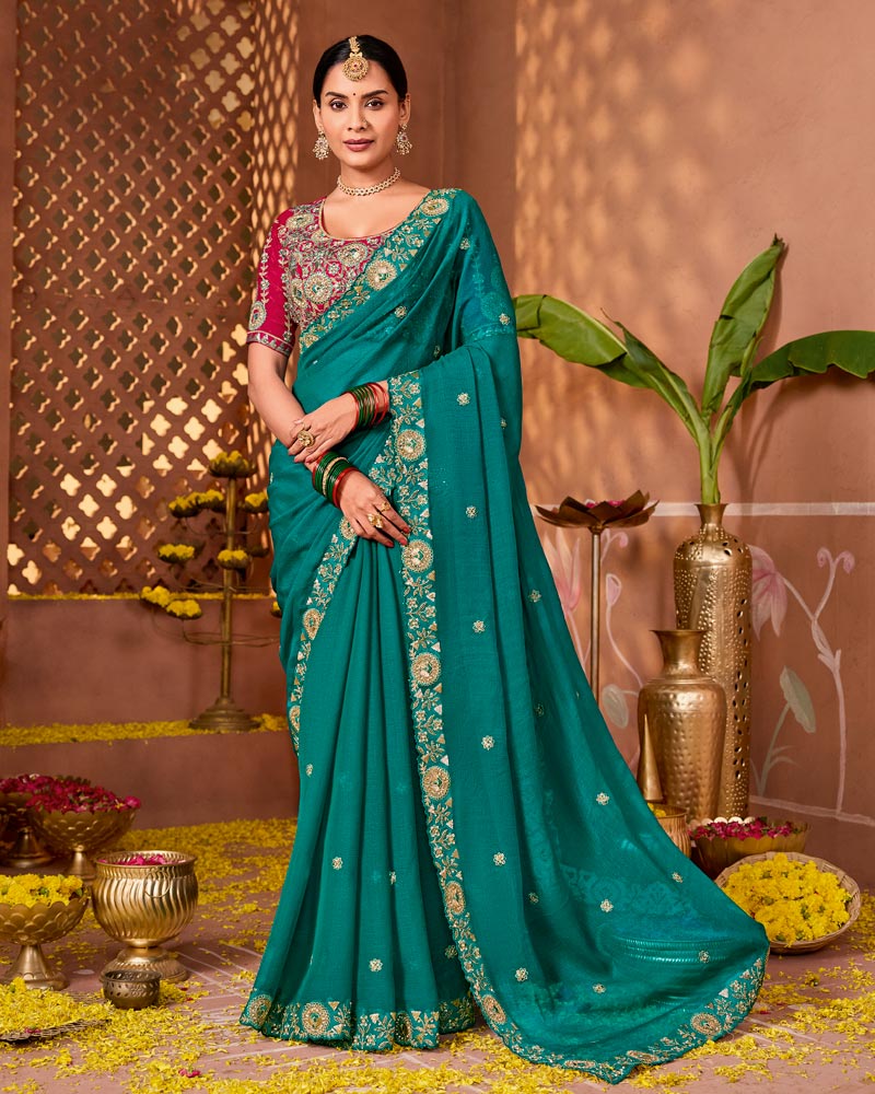 Dark Aqua Green Designer Fancy Chiffon Saree With Zari Embroidery-Diamond Work And Cut Work Border