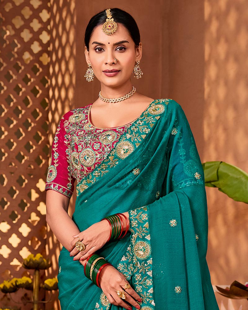 Dark Aqua Green Designer Fancy Chiffon Saree With Zari Embroidery-Diamond Work And Cut Work Border
