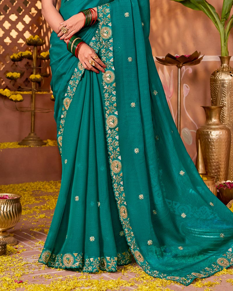 Dark Aqua Green Designer Fancy Chiffon Saree With Zari Embroidery-Diamond Work And Cut Work Border