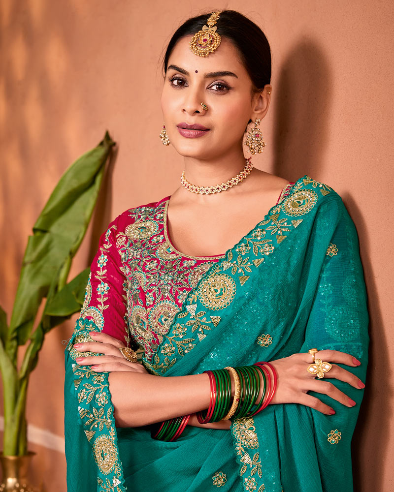 Dark Aqua Green Designer Fancy Chiffon Saree With Zari Embroidery-Diamond Work And Cut Work Border