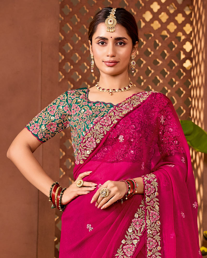 Light Purple Red Designer Fancy Chiffon Saree With Zari Embroidery-Diamond Work And Cut Work Border