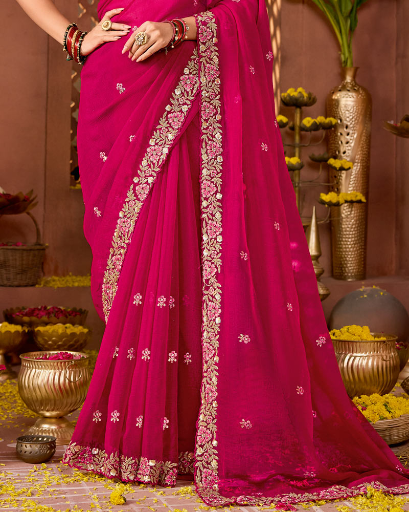 Light Purple Red Designer Fancy Chiffon Saree With Zari Embroidery-Diamond Work And Cut Work Border