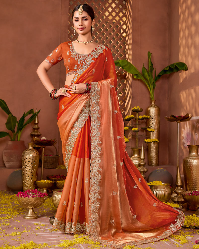 Rusty Orange Designer Fancy Satin Saree With Zari Embroidery-Diamond Work And Cut Work Border
