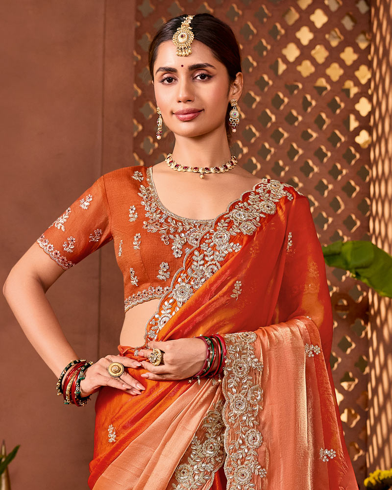Rusty Orange Designer Fancy Satin Saree With Zari Embroidery-Diamond Work And Cut Work Border