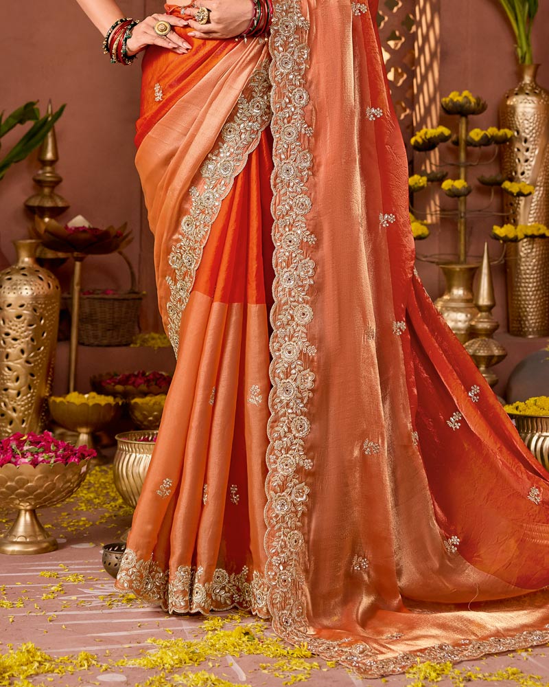 Rusty Orange Designer Fancy Satin Saree With Zari Embroidery-Diamond Work And Cut Work Border