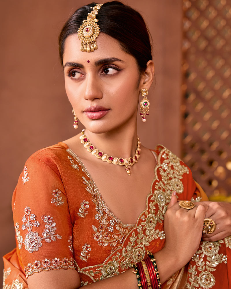 Rusty Orange Designer Fancy Satin Saree With Zari Embroidery-Diamond Work And Cut Work Border