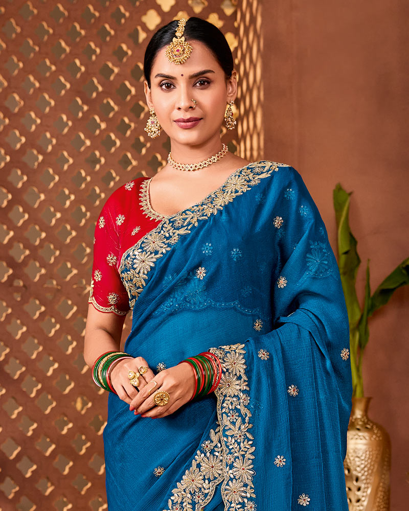 Venice Blue Designer Fancy Chiffon Saree With Zari Embroidery-Diamond Work And Cut Work Border