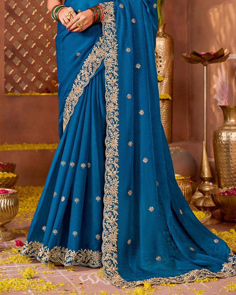 Venice Blue Designer Fancy Chiffon Saree With Zari Embroidery-Diamond Work And Cut Work Border
