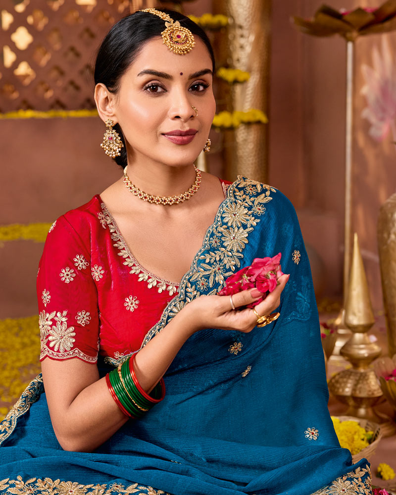 Venice Blue Designer Fancy Chiffon Saree With Zari Embroidery-Diamond Work And Cut Work Border