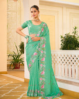 Pearl Aqua Green Designer Gold Crush Saree With Embroidery-Diamond Work And Cut Work Border