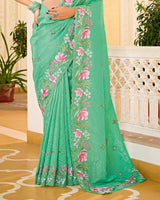 Pearl Aqua Green Designer Gold Crush Saree With Embroidery-Diamond Work And Cut Work Border