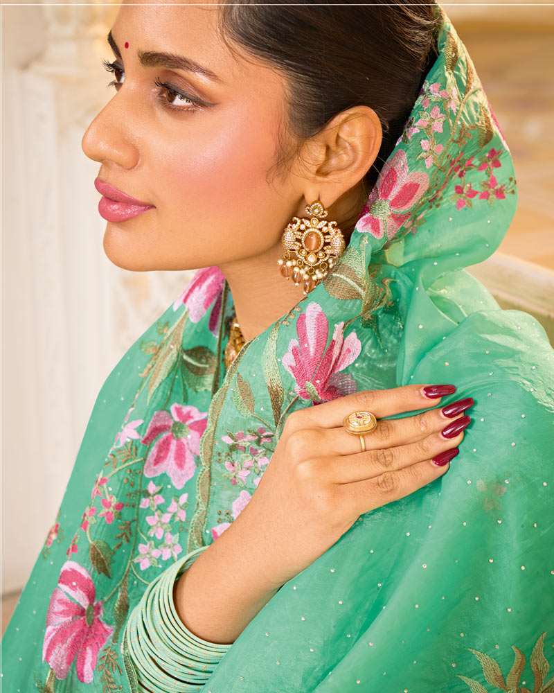 Pearl Aqua Green Designer Gold Crush Saree With Embroidery-Diamond Work And Cut Work Border