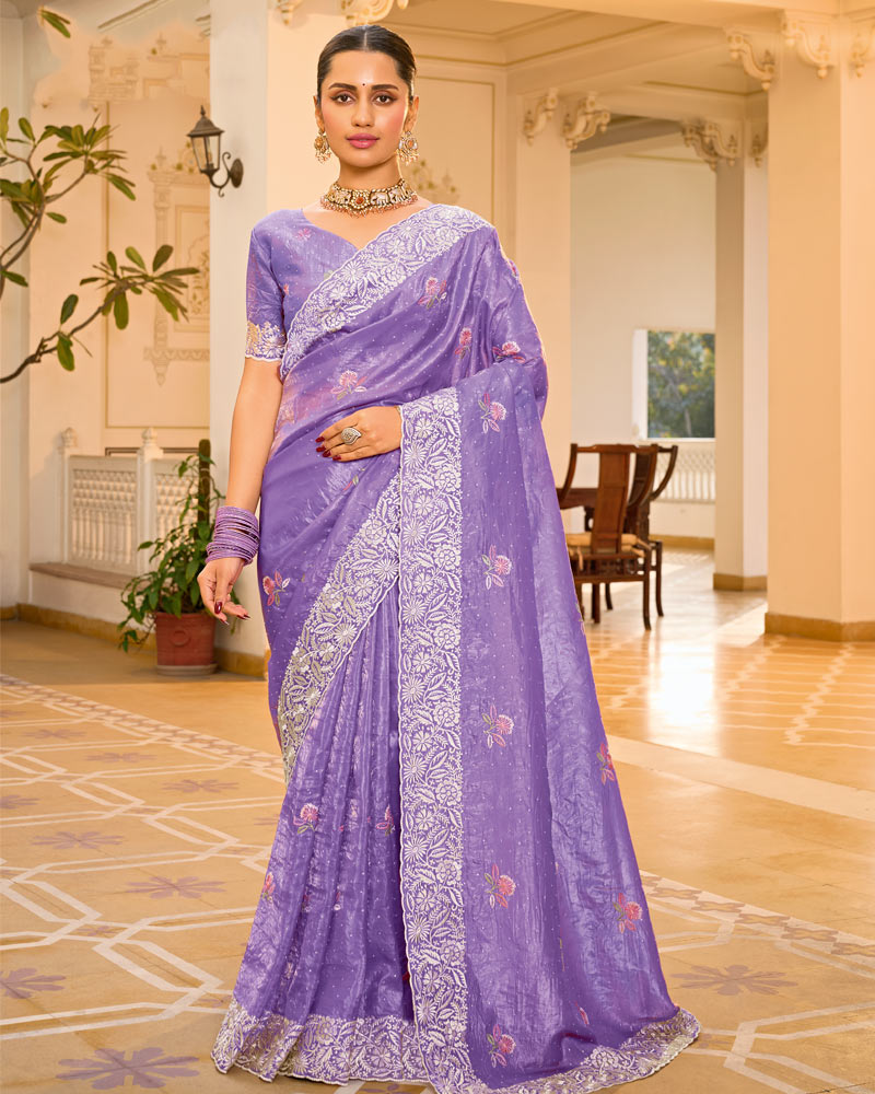 Lilac Designer Gold Crush Saree With Embroidery-Diamond Work And Cut Work Border