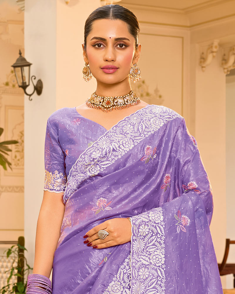 Lilac Designer Gold Crush Saree With Embroidery-Diamond Work And Cut Work Border