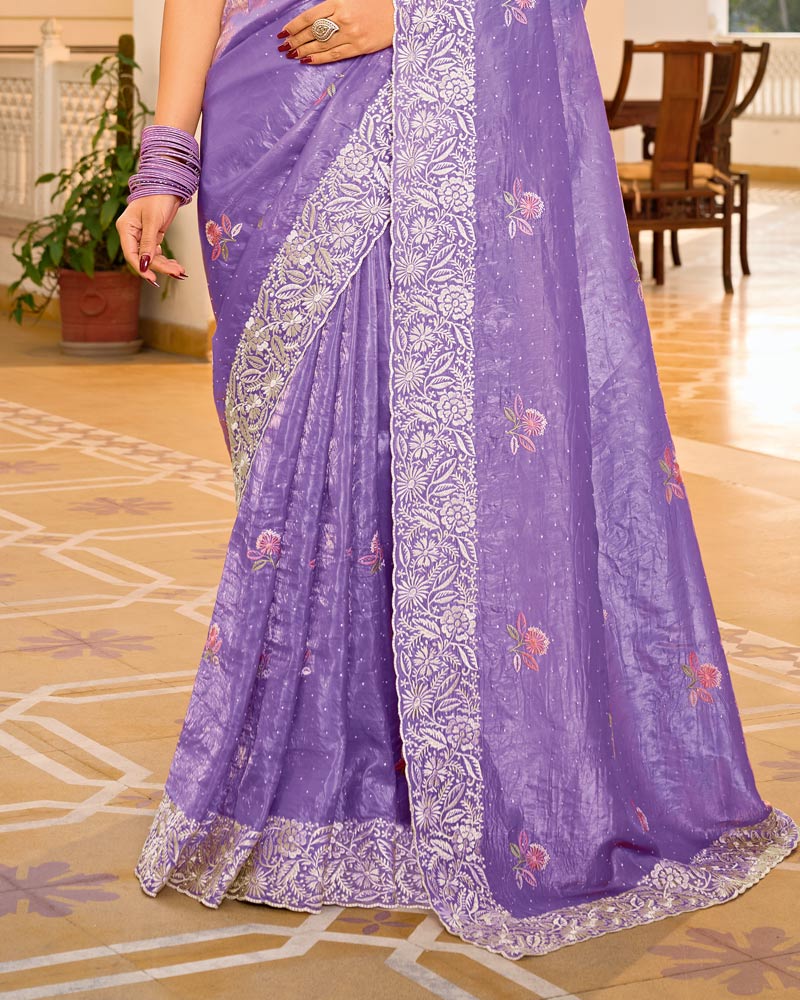 Lilac Designer Gold Crush Saree With Embroidery-Diamond Work And Cut Work Border