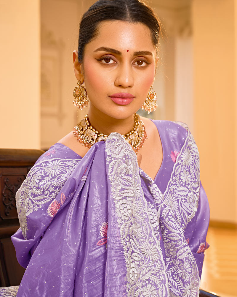 Lilac Designer Gold Crush Saree With Embroidery-Diamond Work And Cut Work Border