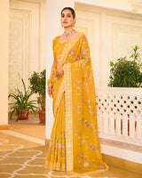 Mustard Yellow Designer Gold Crush Saree With Embroidery-Diamond Work And Cut Work Border