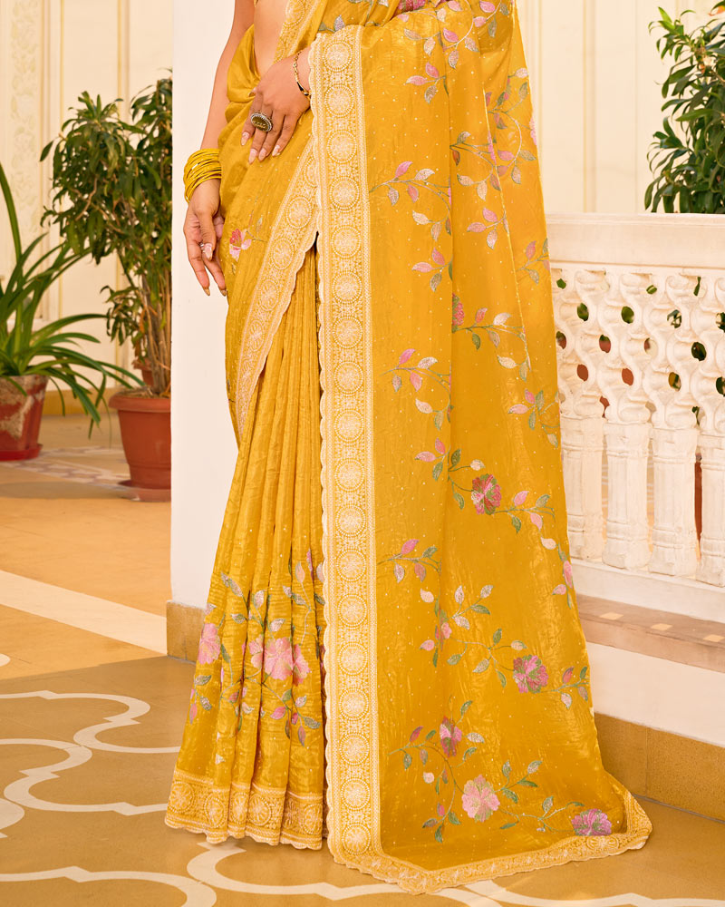 Mustard Yellow Designer Gold Crush Saree With Embroidery-Diamond Work And Cut Work Border