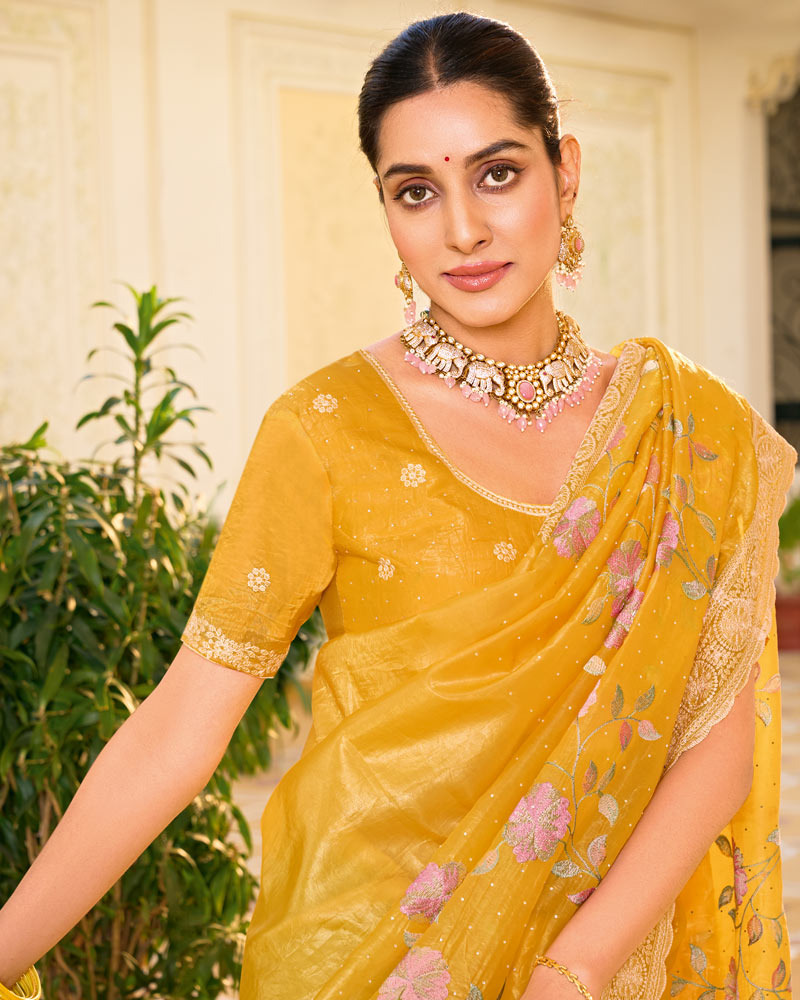 Mustard Yellow Designer Gold Crush Saree With Embroidery-Diamond Work And Cut Work Border
