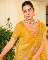 Mustard Yellow Designer Gold Crush Saree With Embroidery-Diamond Work And Cut Work Border