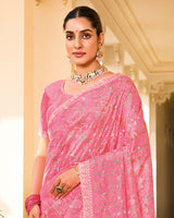 Rosy Pink Designer Gold Crush Saree With Embroidery-Diamond Work And Cut Work Border