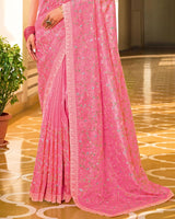 Rosy Pink Designer Gold Crush Saree With Embroidery-Diamond Work And Cut Work Border