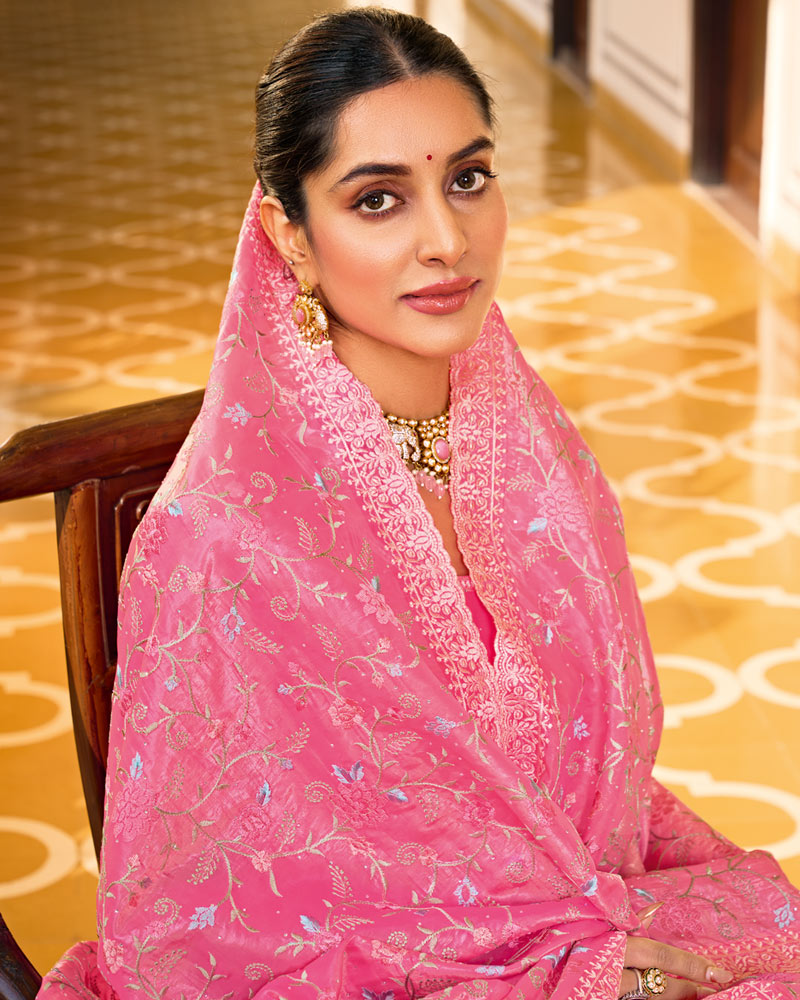 Rosy Pink Designer Gold Crush Saree With Embroidery-Diamond Work And Cut Work Border