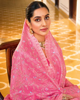 Rosy Pink Designer Gold Crush Saree With Embroidery-Diamond Work And Cut Work Border