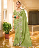 Light Khaki Green Designer Gold Crush Saree With Embroidery-Diamond Work And Cut Work Border