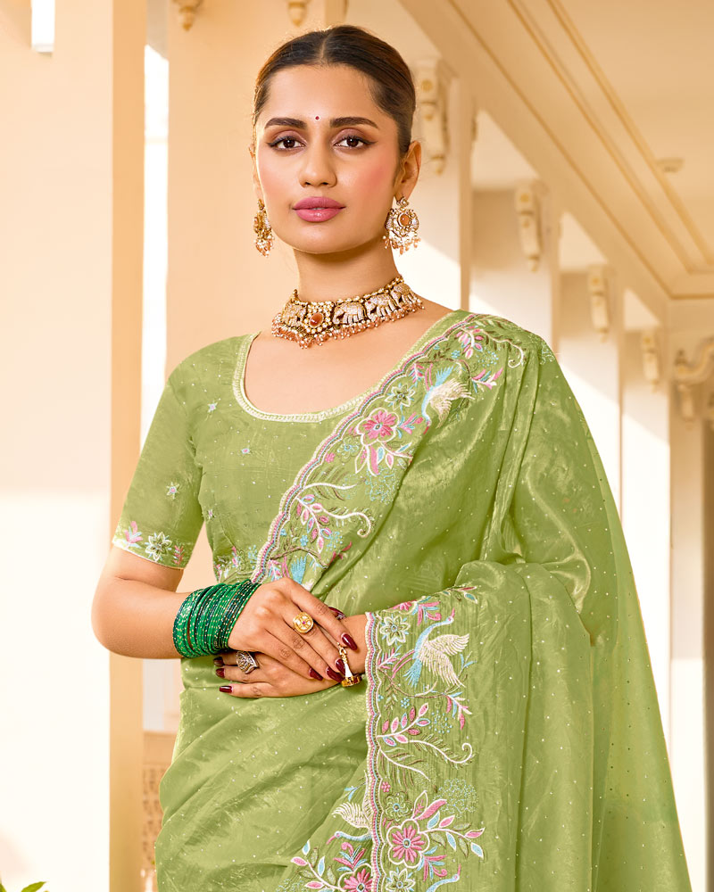 Light Khaki Green Designer Gold Crush Saree With Embroidery-Diamond Work And Cut Work Border