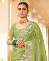 Light Khaki Green Designer Gold Crush Saree With Embroidery-Diamond Work And Cut Work Border