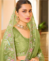 Light Khaki Green Designer Gold Crush Saree With Embroidery-Diamond Work And Cut Work Border