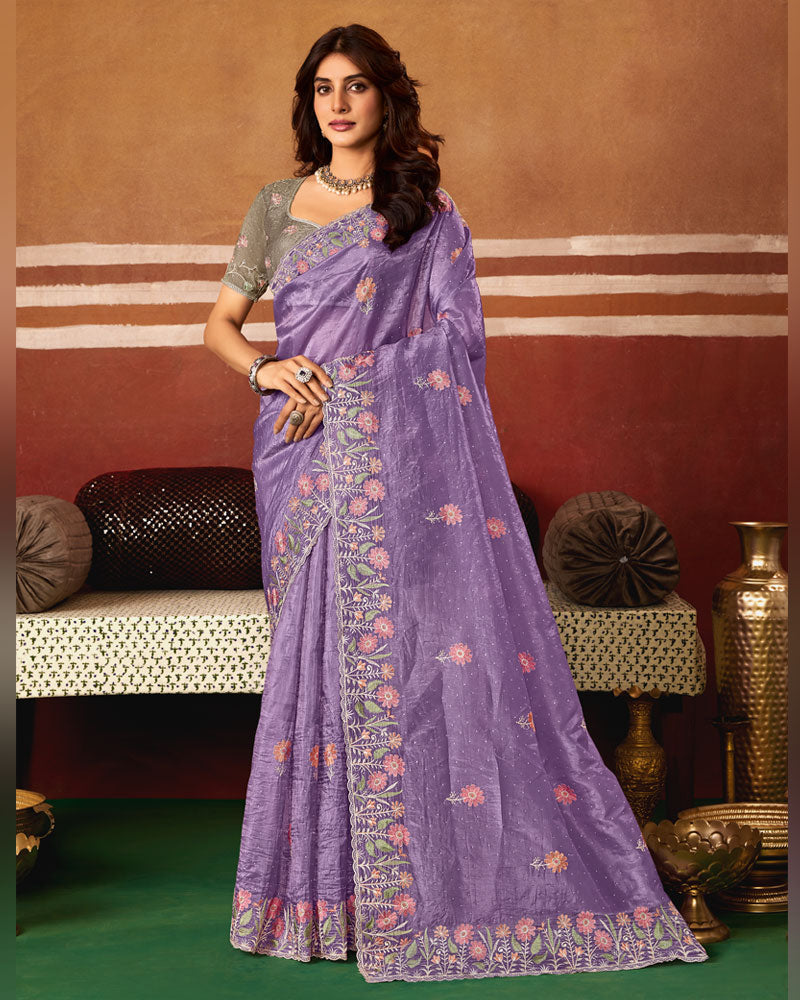Lilac Designer Crushed Tissue Saree With Thread Embroidery-Diamond Work And Cut Work Embroidery Border