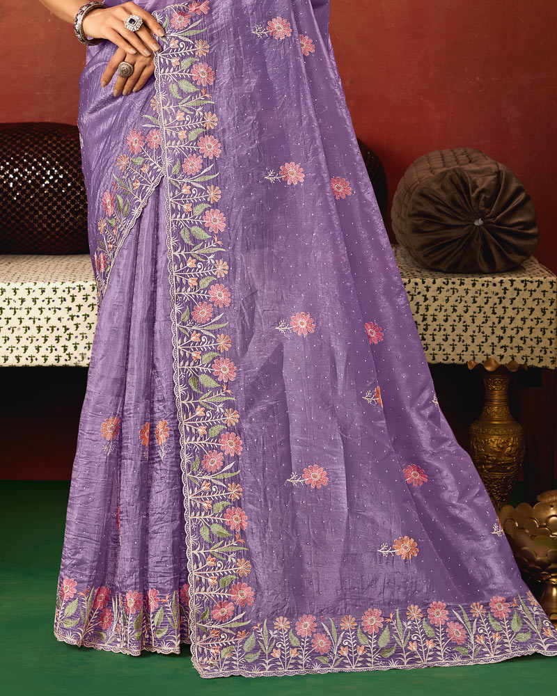 Lilac Designer Crushed Tissue Saree With Thread Embroidery-Diamond Work And Cut Work Embroidery Border