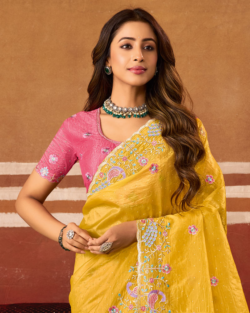 Bright Yellow Designer Crushed Tissue Saree With Thread Embroidery-Diamond Work And Cut Work Embroidery Border
