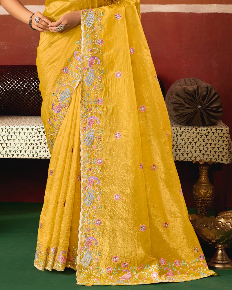 Bright Yellow Designer Crushed Tissue Saree With Thread Embroidery-Diamond Work And Cut Work Embroidery Border